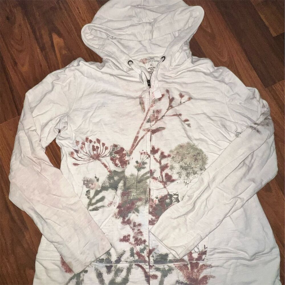 Natural Reflections Women's Floral Zip Up Hoodie White XL Long Sleeve